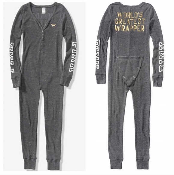 VS Pink One Piece Pajamas Bling Gray Thermal with Gold Sequins Size Medium - Picture 1 of 9